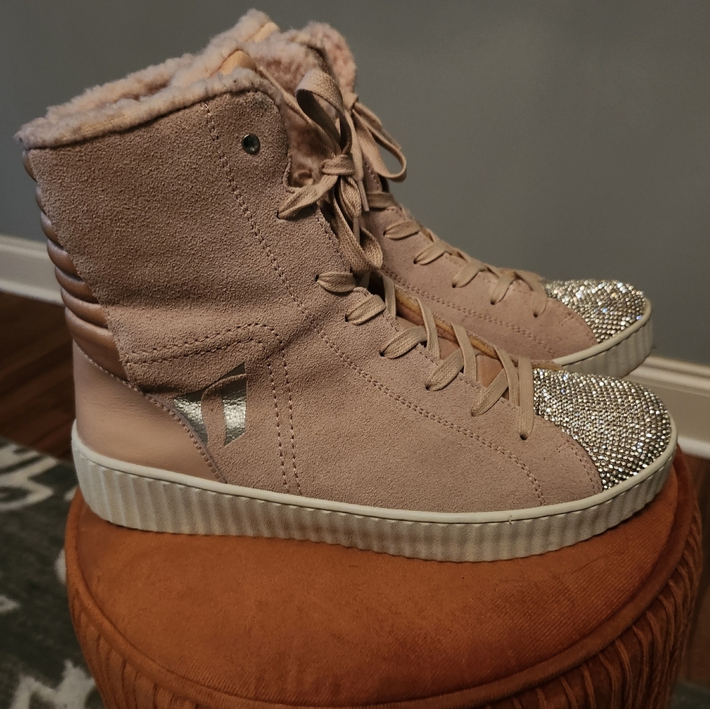 Sketchers Pink BLUSH suede rhinestones hightops women's sz 10 faux fur - Picture 4 of 8